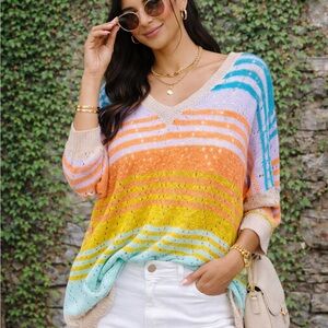 BLOOMCHIC Striped Pastel Pointelle V-Beck, 22/24